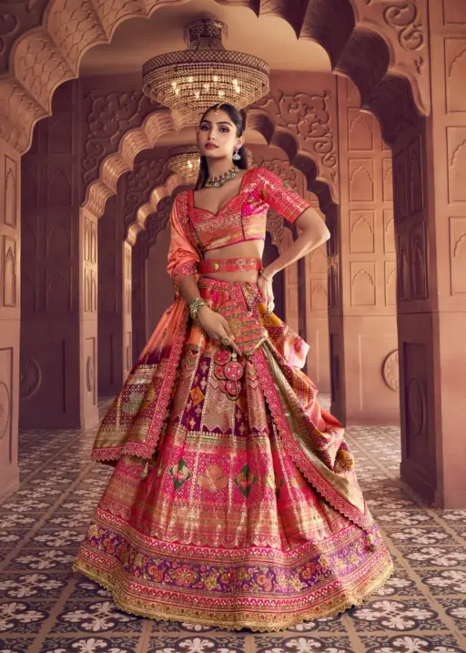 Banarasi Silk Bridal Lehenga for Wedding with Swarovski Embroidery and Zari Weaving Work for Bridal Wear