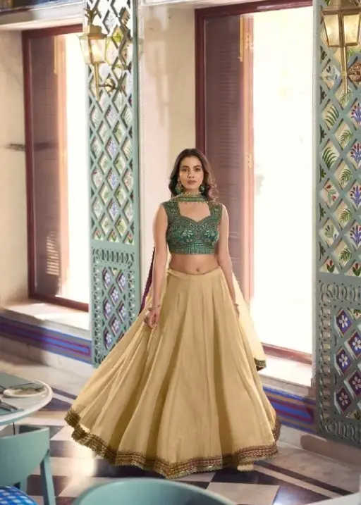 Chiku Color Bridesmaid Lehenga Choli with Embroidered Blouse