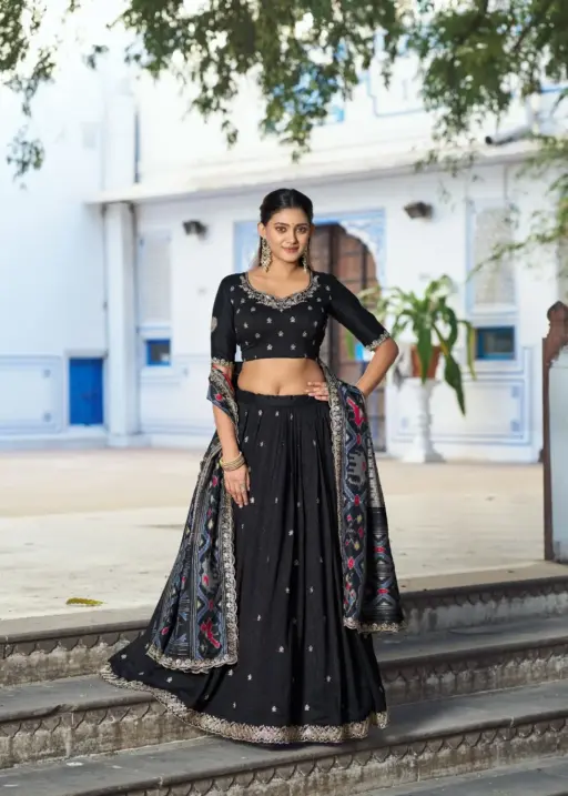 Black Designer Lehenga Choli with Ikkat Printed Dupatta