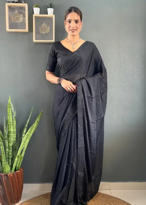 Black ready to wear Swarovski party saree with waist belt pre stitched pleats designer saree