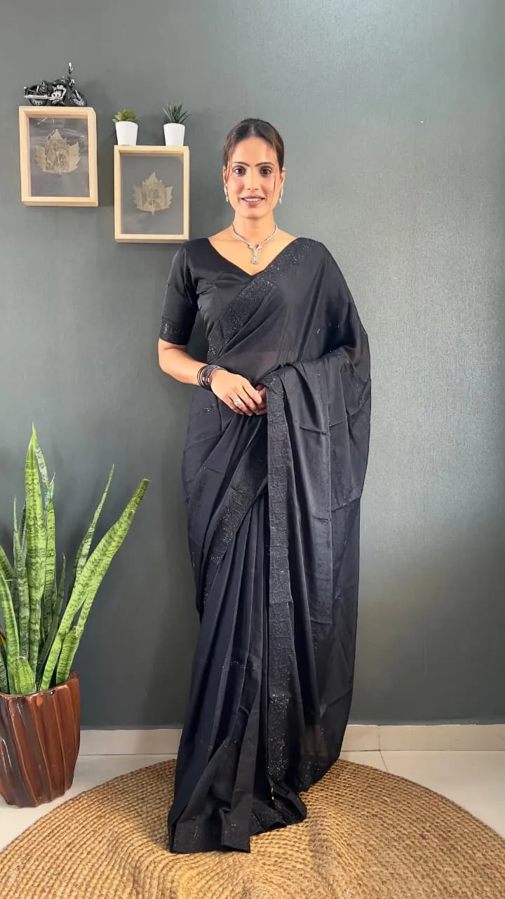 Black ready to wear Swarovski party saree with waist belt pre stitched pleats designer saree