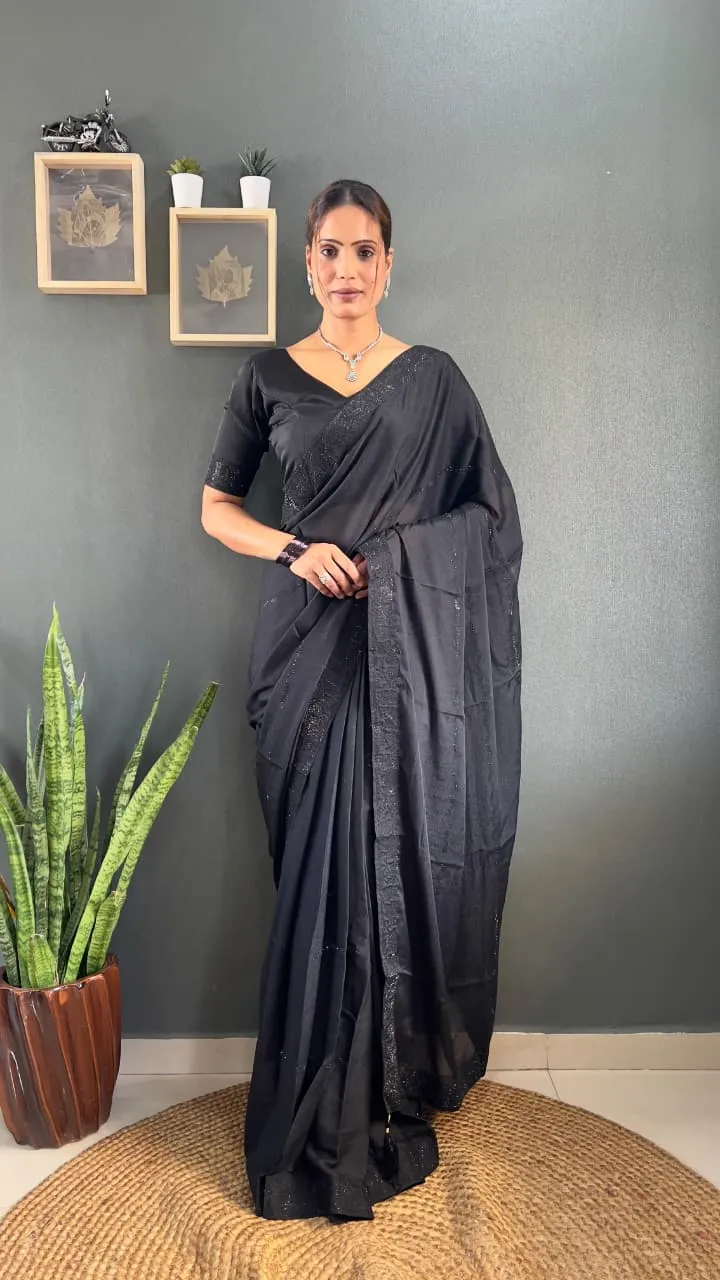 Black Ready To Wear Swarovski Party Saree - Image 2