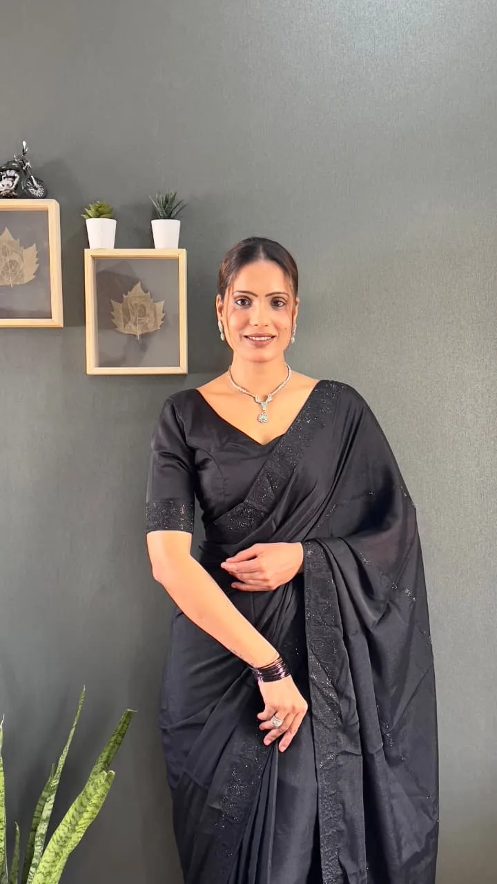 Black Ready To Wear Swarovski Party Saree - Image 3