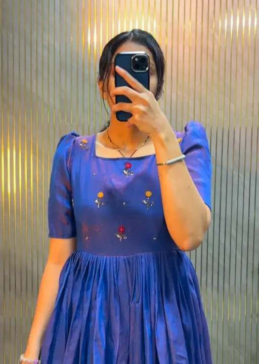 Blue handwork frock for office wear in premium NC Vichitra fabric with elegant daily wear styling
