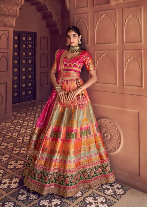Bridal Silk Wedding Lehenga Design for Girls with Banarasi Silk Embroidery and Swarovski Work for Wedding Wear