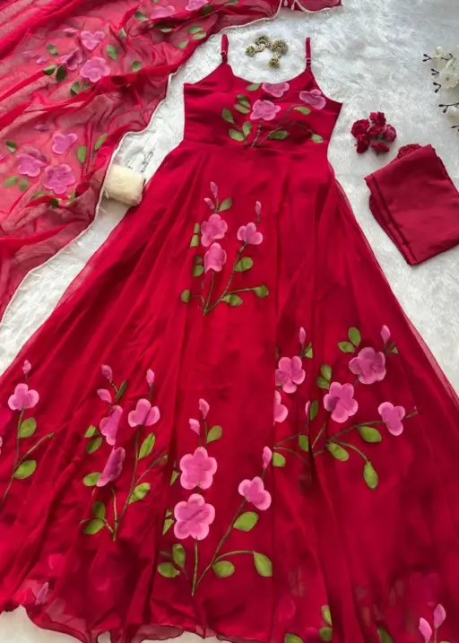 Cherry Red Floral Sleeveless Anarkali Gown