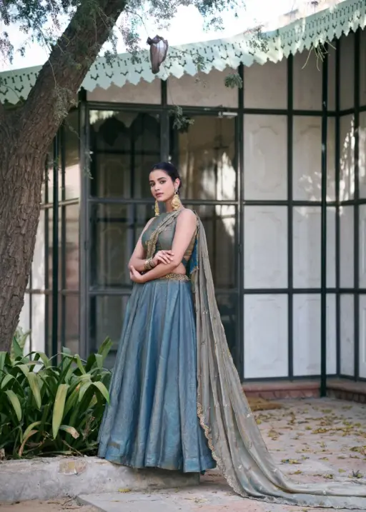 Dusty Blue Fendi Embroidered Lehenga Choli for Wedding Wear