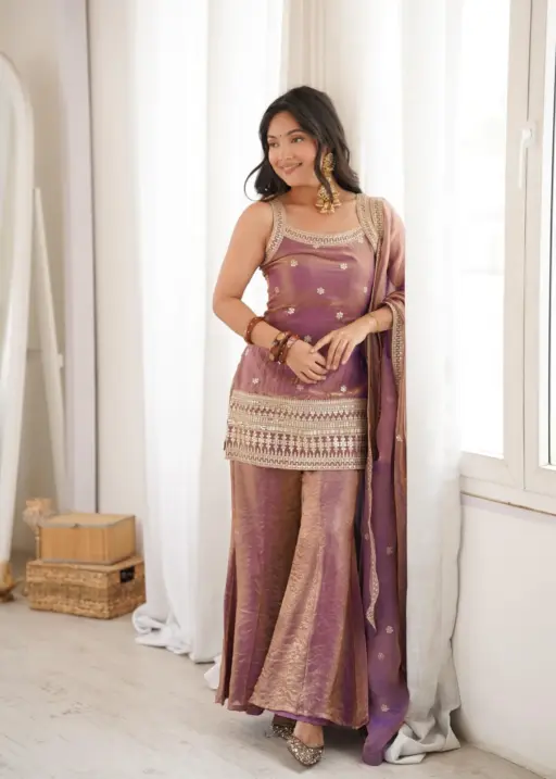 Dusty Pink Sleeveless Kurta with Bell Bottom for Girls