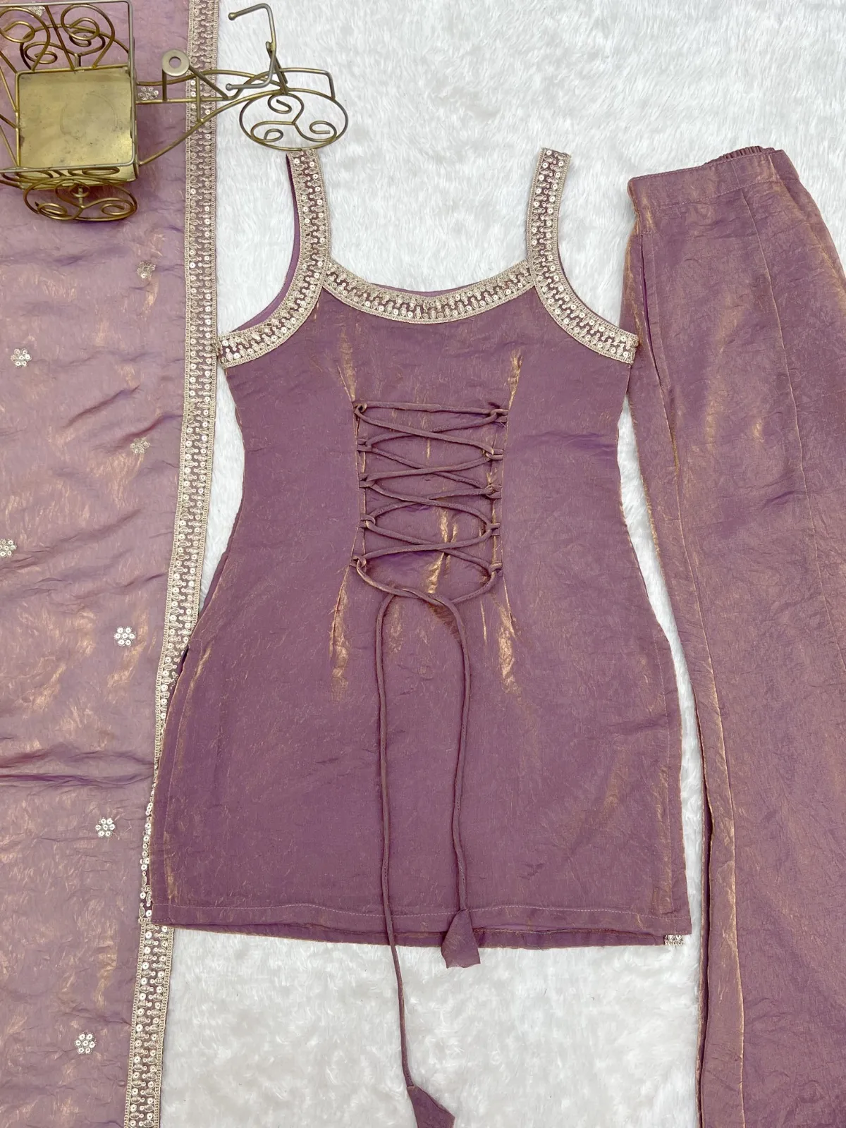 Dusty Pink Sleeveless Kurta with Bell Bottom for Girls - Image 3
