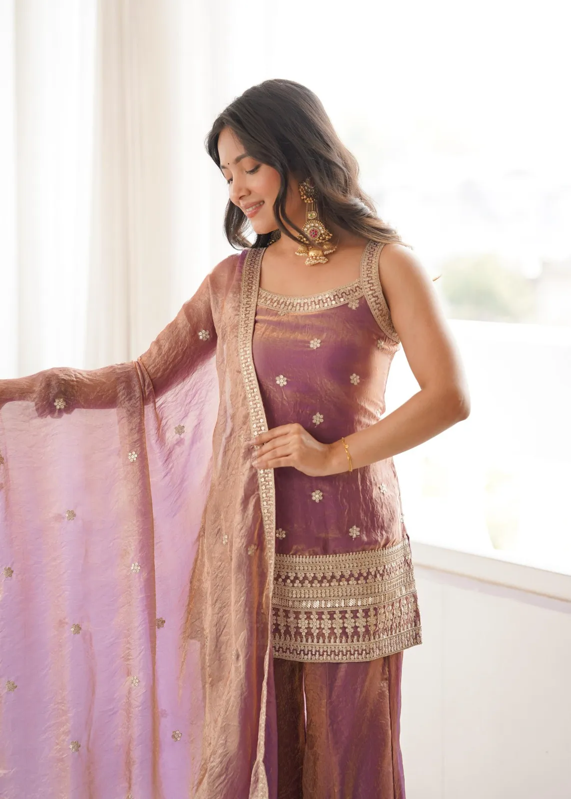 Dusty Pink Sleeveless Kurta with Bell Bottom for Girls - Image 6