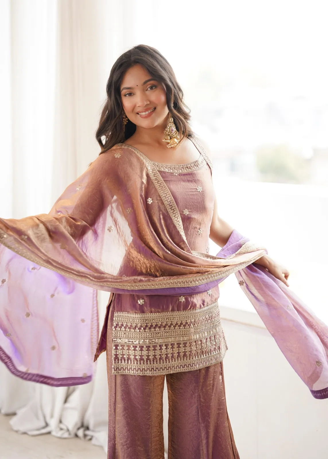 Dusty Pink Sleeveless Kurta with Bell Bottom for Girls - Image 7
