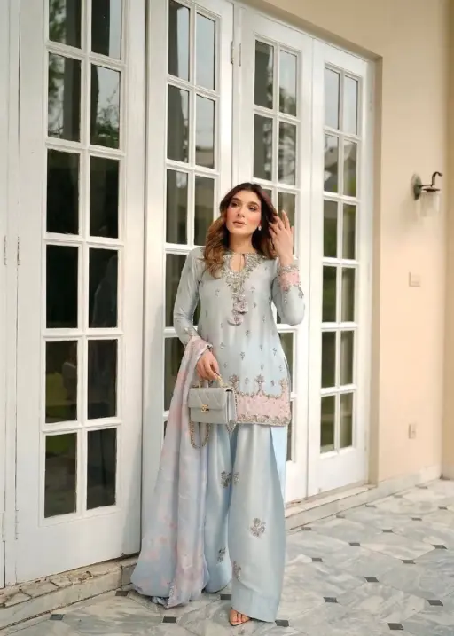 Gray Color Pakistani Style Farsi Salwar Suit