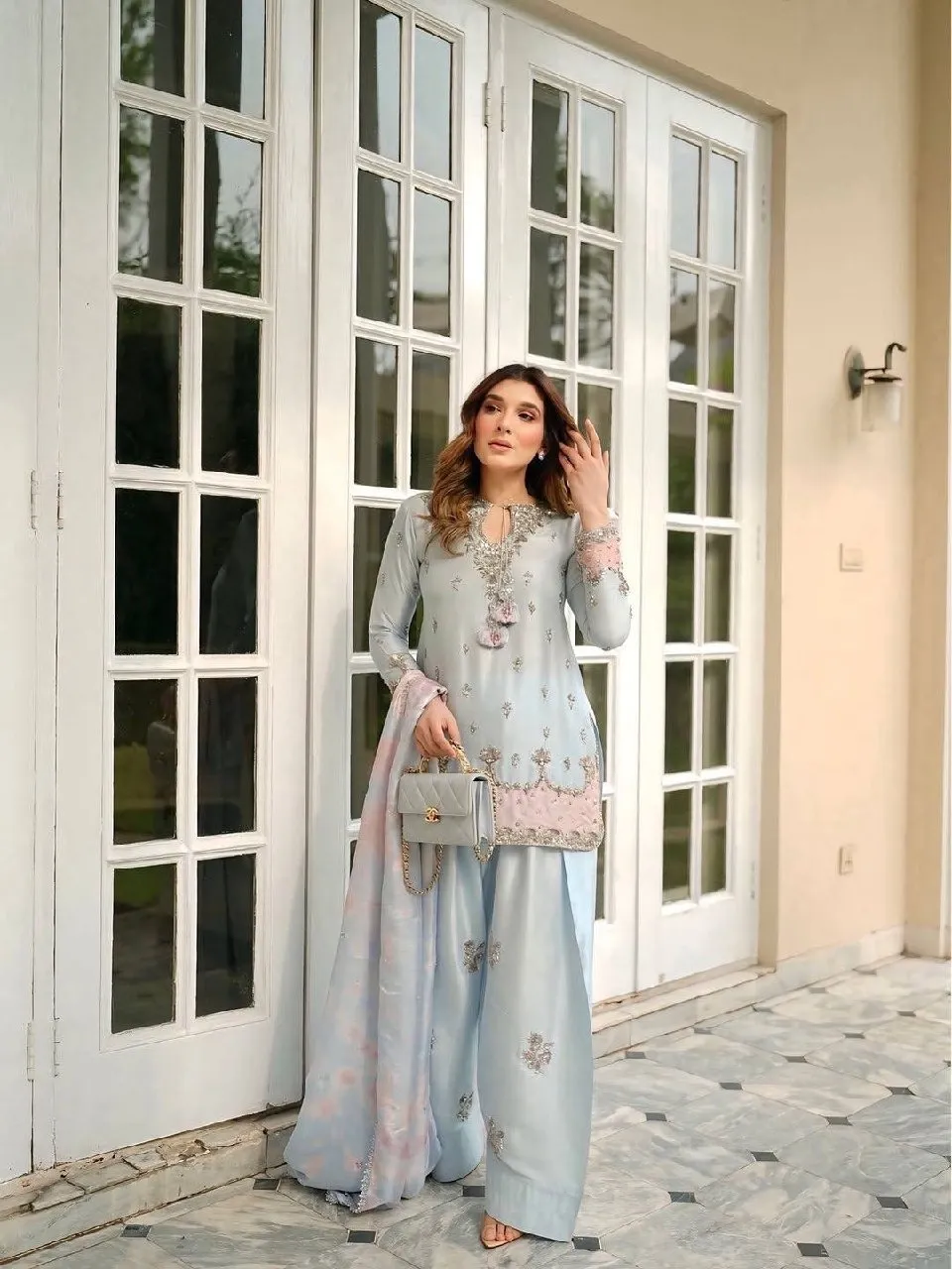 Gray Color Pakistani Style Farsi Salwar Suit