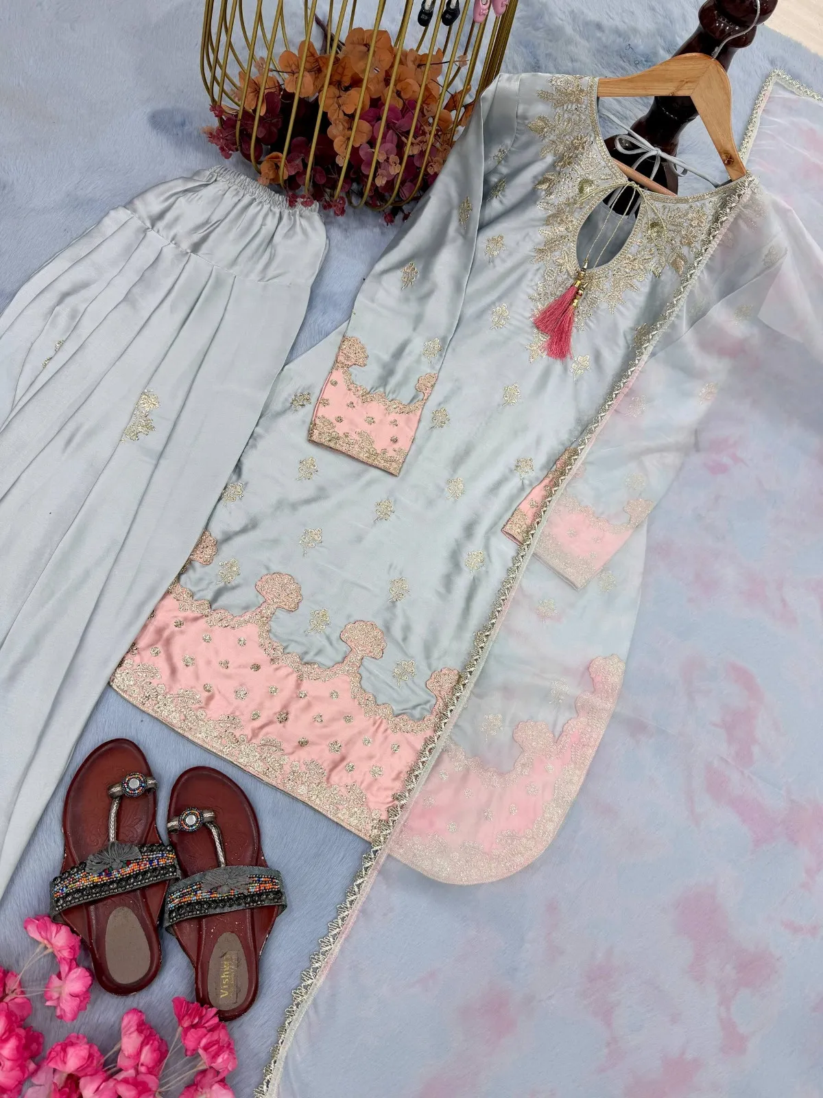 Gray Color Pakistani Style Farsi Salwar Suit - Image 3
