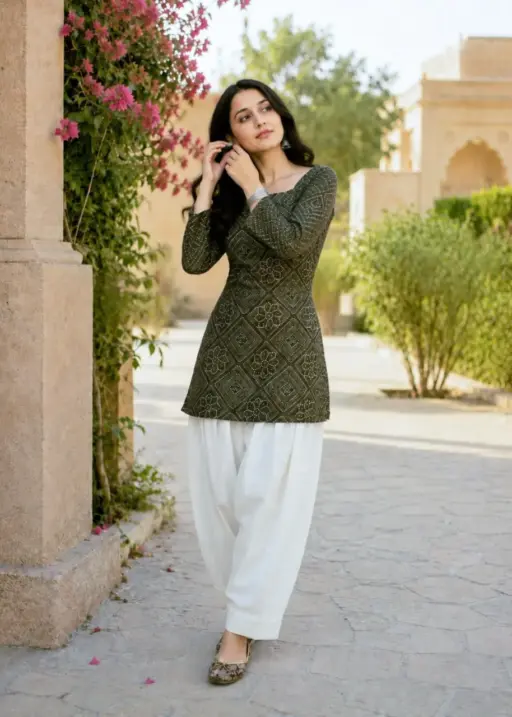 Green Color Bandhej Printed kurti with Bottom
