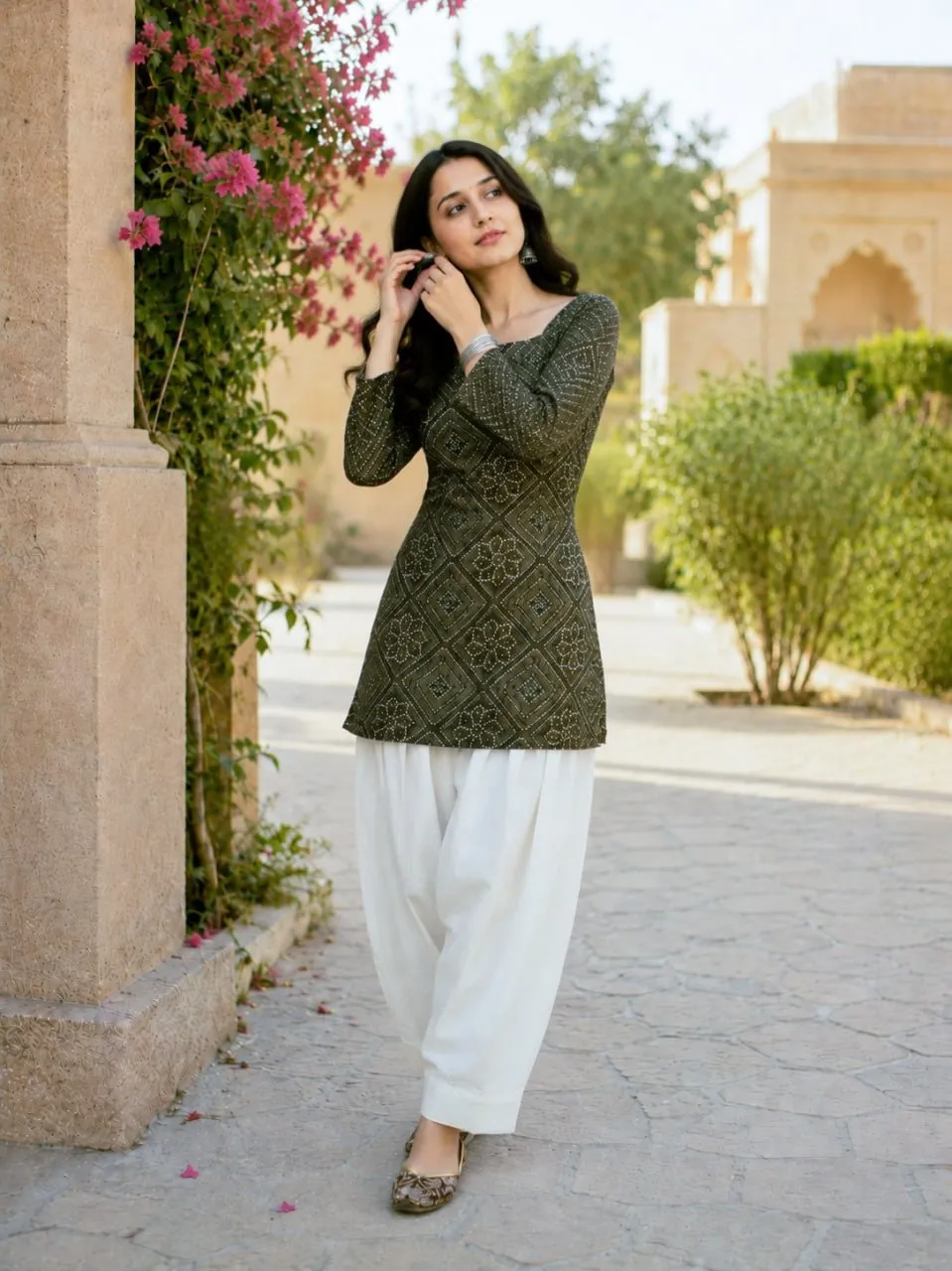Green Color Bandhej Printed kurti with Bottom