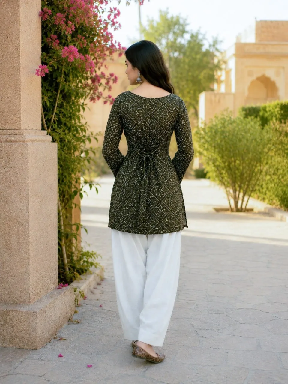 Green Color Bandhej Printed kurti with Bottom - Image 3