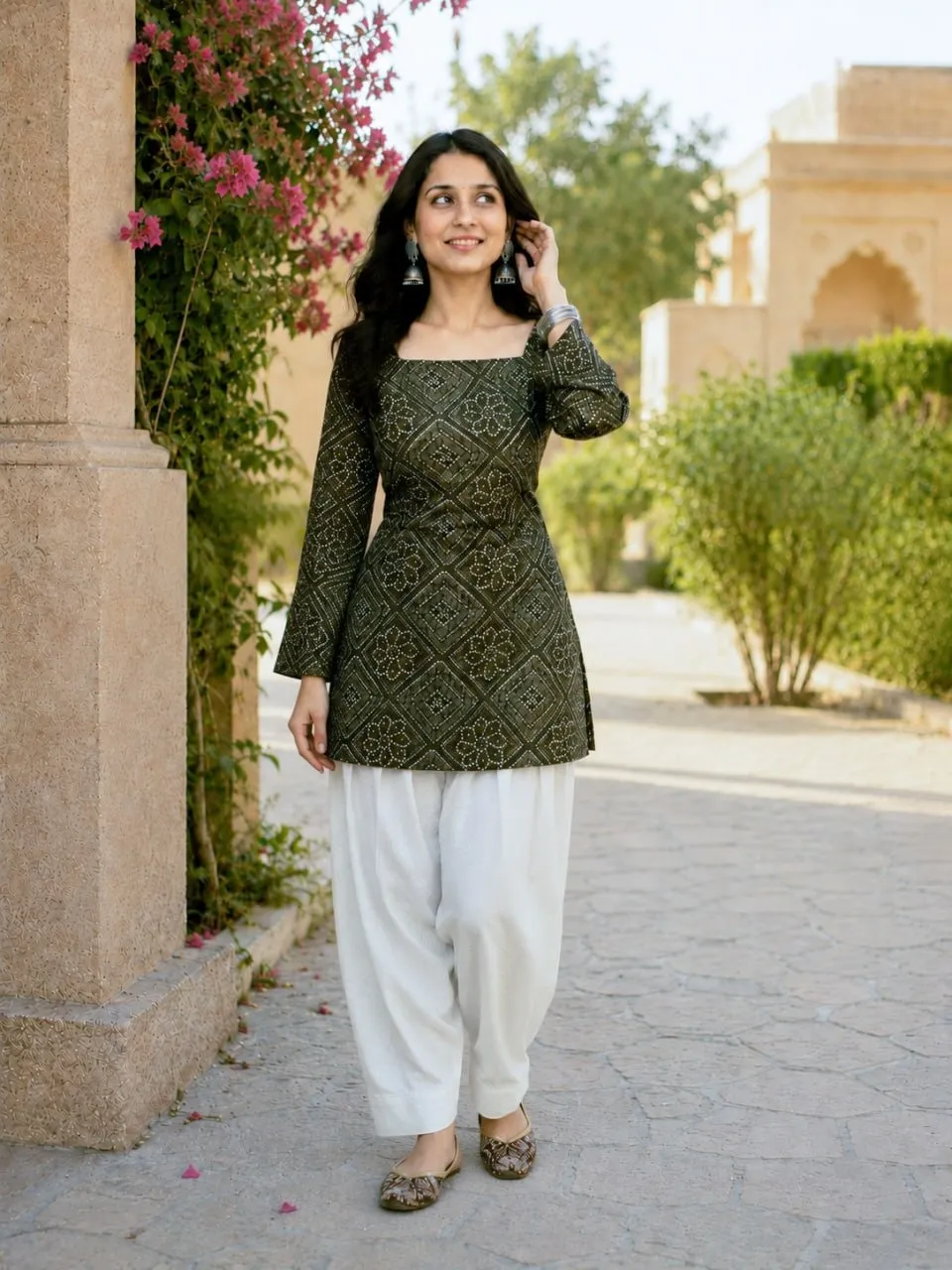 Green Color Bandhej Printed kurti with Bottom - Image 4