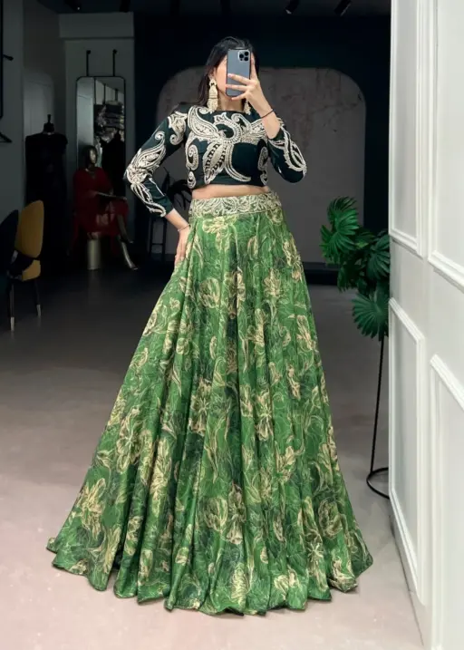 Green Floral Lehenga Choli with embroidery blouse for wedding wear
