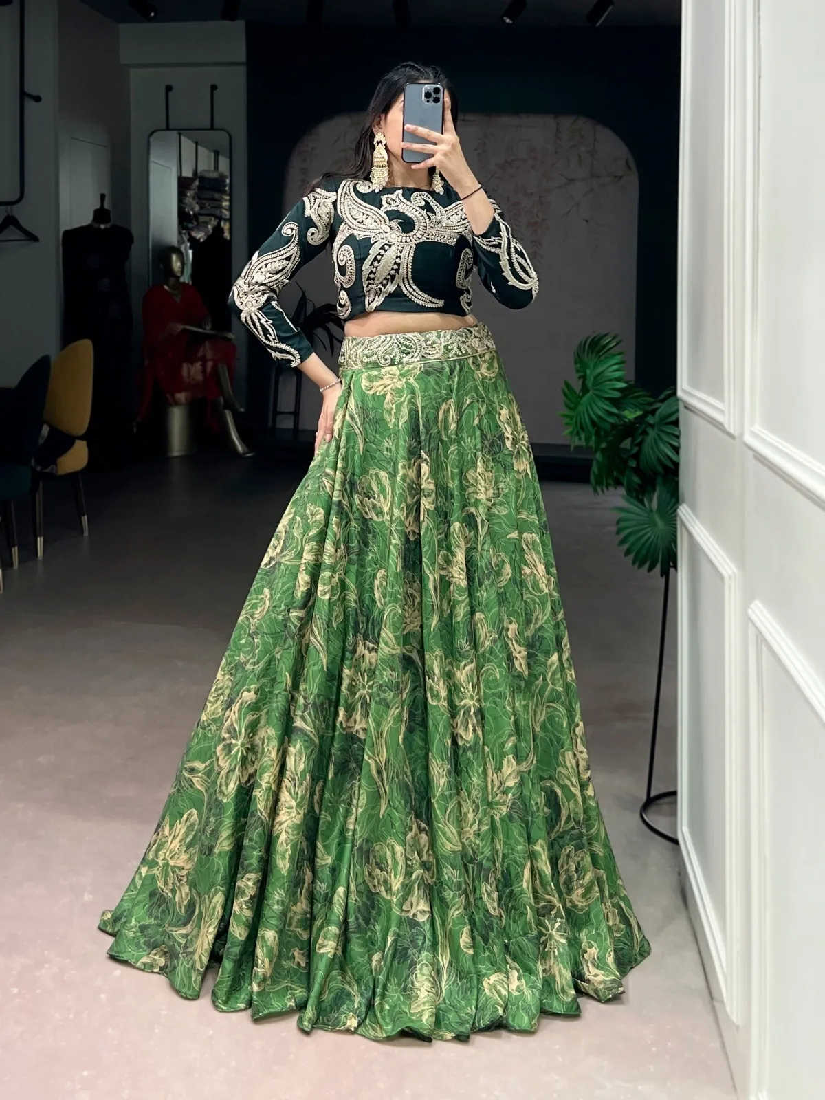 Green Floral Lehenga Choli with embroidery blouse for wedding wear