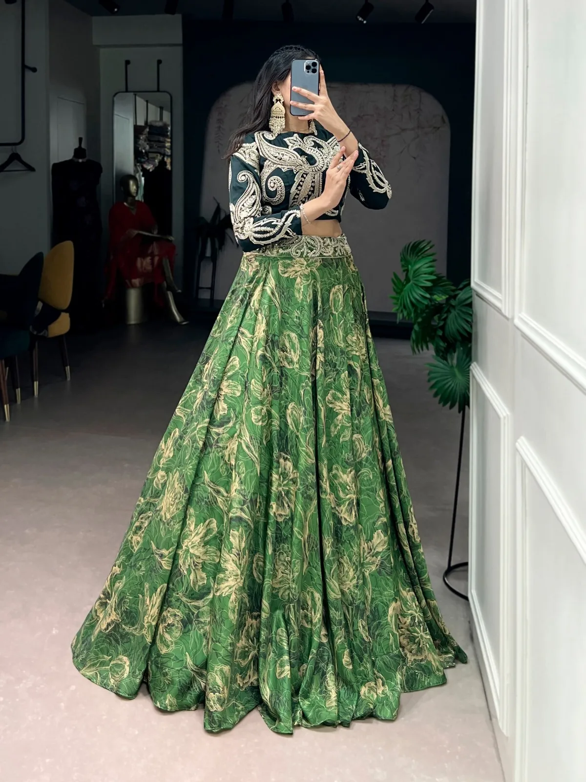 Green Floral Lehenga with Embroidery Blouse - Image 2