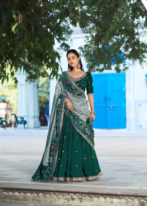 Green Premium Lehenga Choli with Ikkat Dupatta