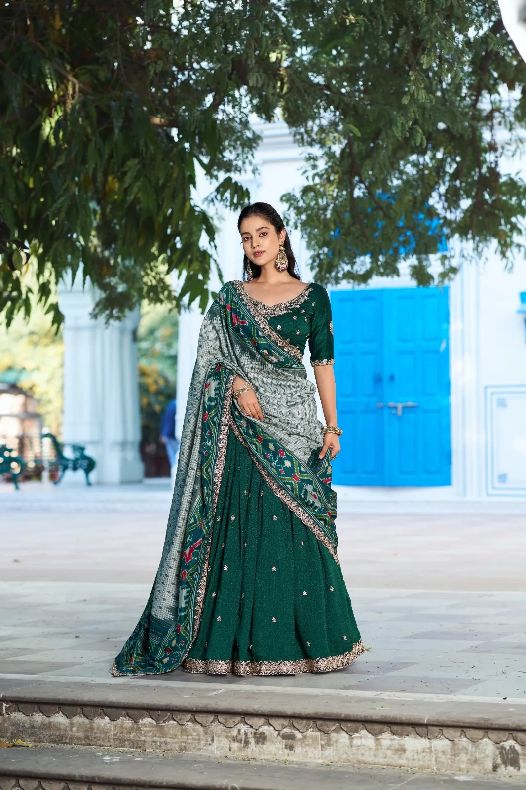 Green Premium Lehenga Choli with Ikkat Dupatta