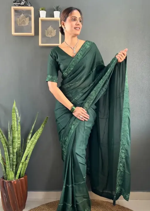 Green Ready To Wear Swarovski Party Saree