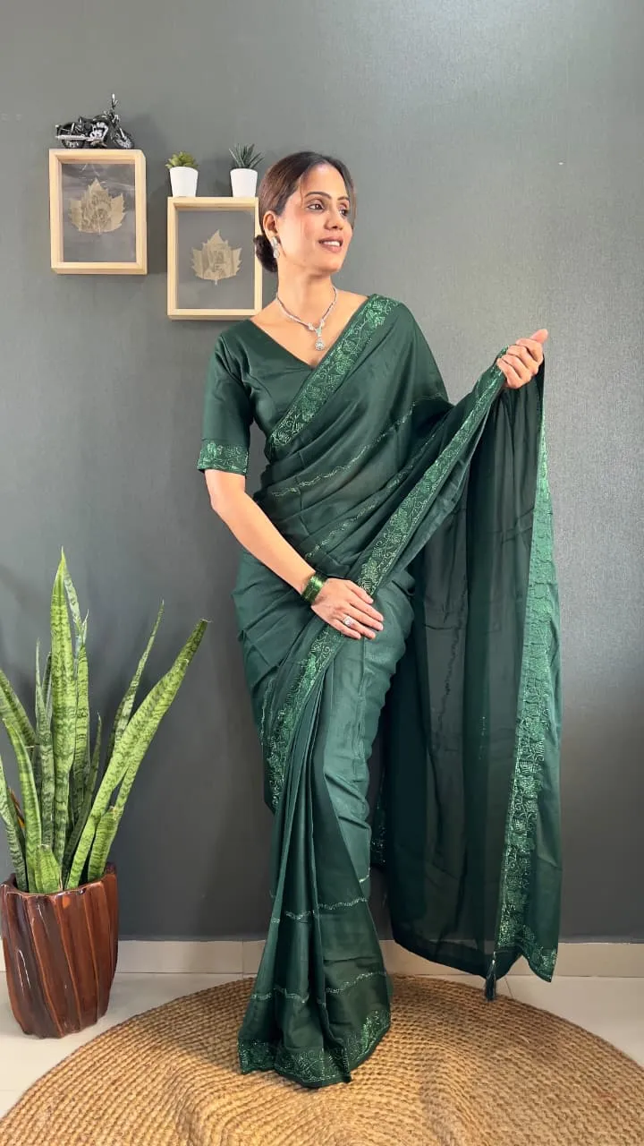 Green Ready To Wear Swarovski Party Saree