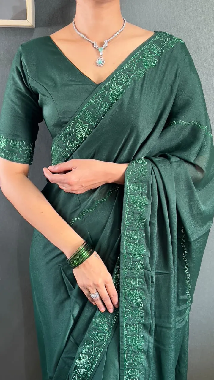 Green Ready To Wear Swarovski Party Saree - Image 2