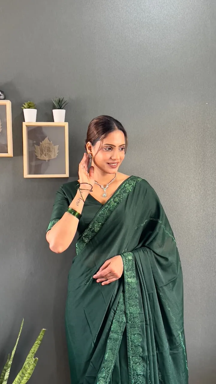Green Ready To Wear Swarovski Party Saree - Image 3