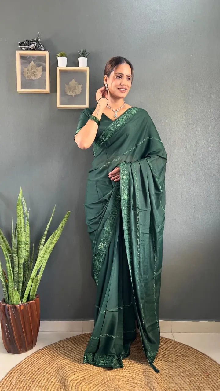 Green Ready To Wear Swarovski Party Saree - Image 4