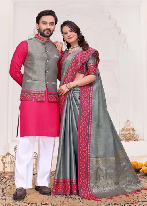 Grey Couple Combo unstitched Silk saree with kurta set matching festive ethnic wear for couples