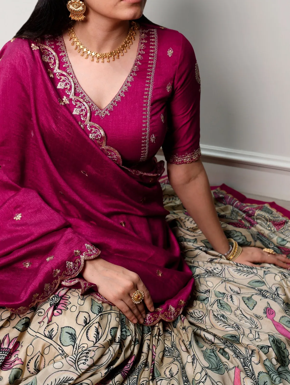 Kalamkari Printed Creme Lehenga Blouse