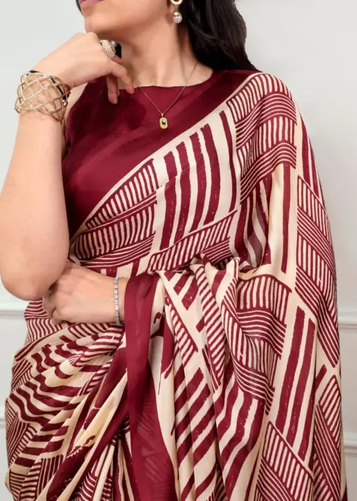 Maroon Cream Printed Designer Saree