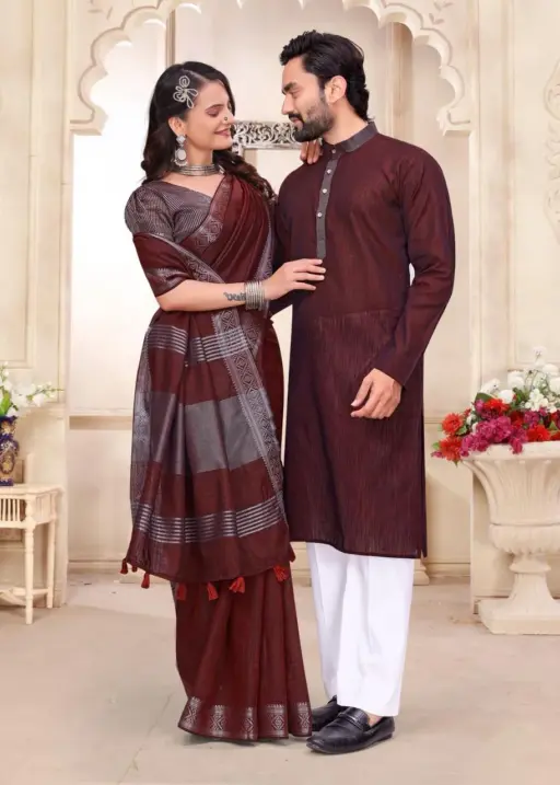 Maroon Linen Couple Combo unstitched saree with kurta set matching ethnic wear for couples