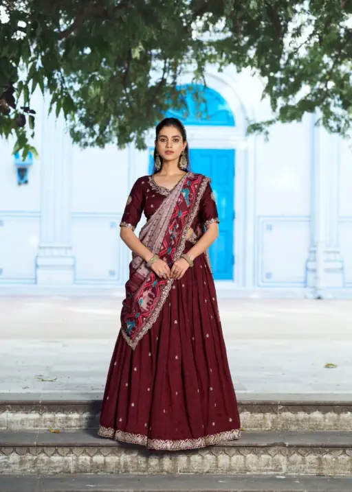 Maroon Premium Lehenga Choli with Ikkat Dupatta