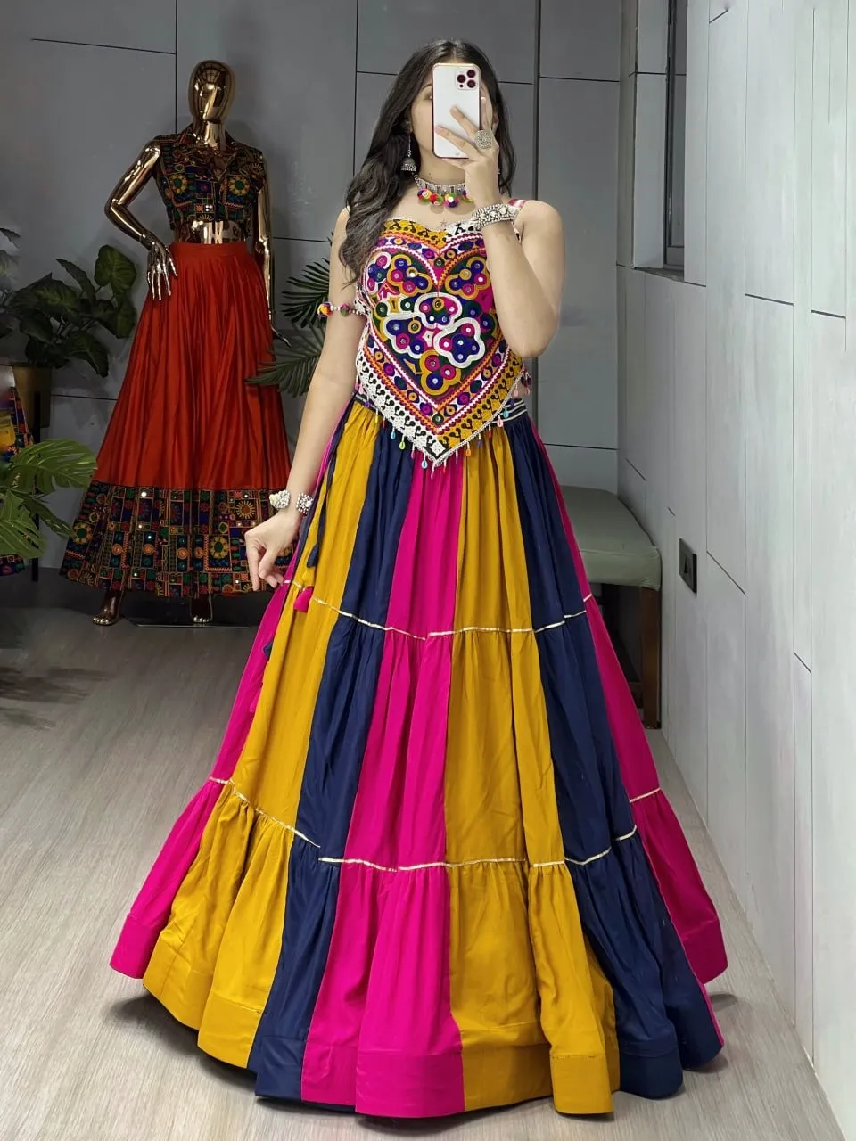 Multi Color Chaniya with Fancy Navratri Blouse - Image 5