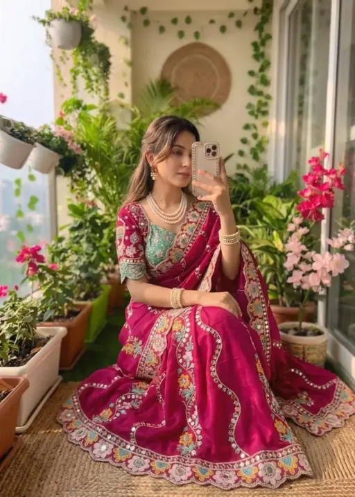 Multi Color Wedding Saree for Women with embroidery work and stitched blouse for wedding and festive wear