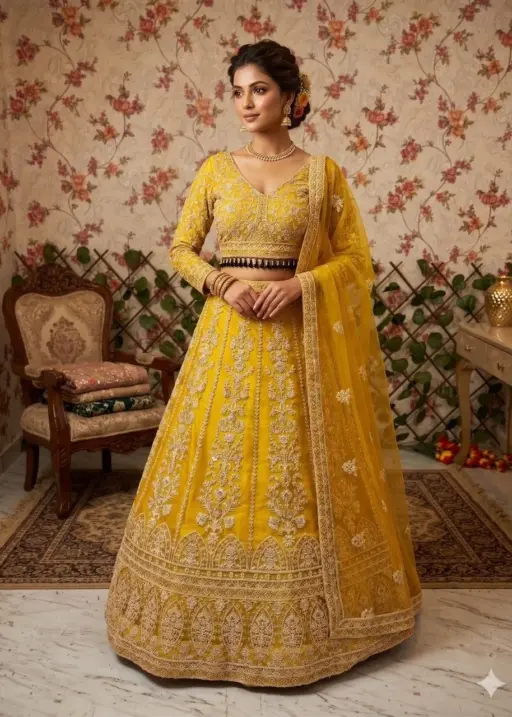 Mustad Yellow Haldi Function Lehenga Blouse