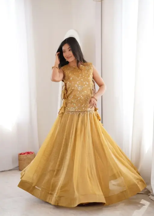Mustard Color Wedding Lehenga with long koti Blouse