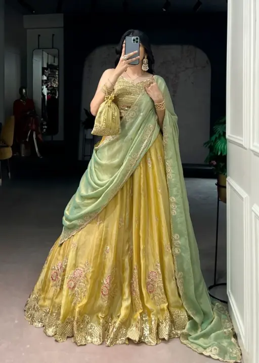 Mustard Yellow Haldi Lehenga Outfit with dupatta and embroidered blouse for wedding wear