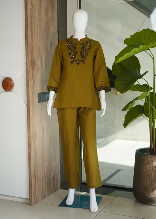 Mustard Yellow Premium Silk Embroidery Co ord Sets