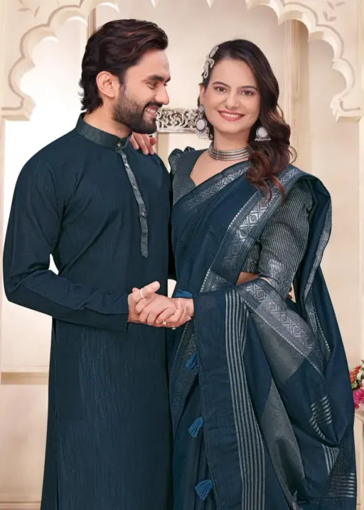 Navy Blue Linen Couple Combo unstitched saree with kurta set matching ethnic wear for couples