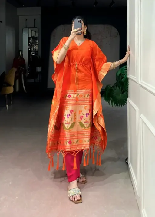 Orange Kaftan in Jacquard Silk with zari weaving work stylish ethnic wear for women