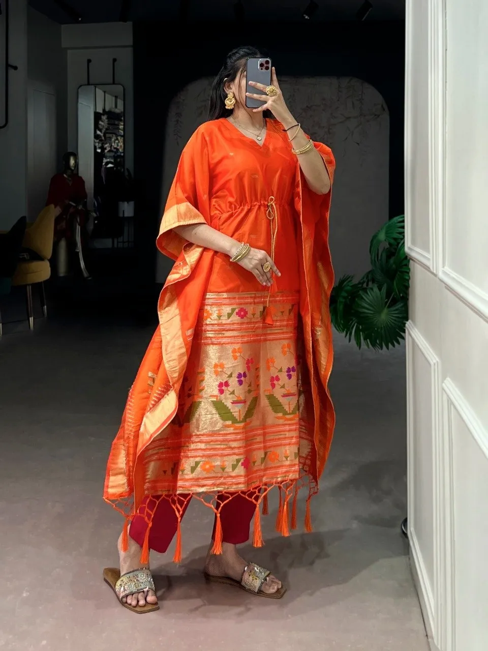 Orange Kaftan in Jacquard Silk - Image 2