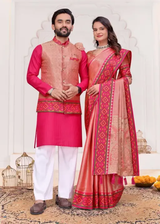 Peach Pink Couple Combo unstitched saree with kurta set matching festive ethnic wear for couples