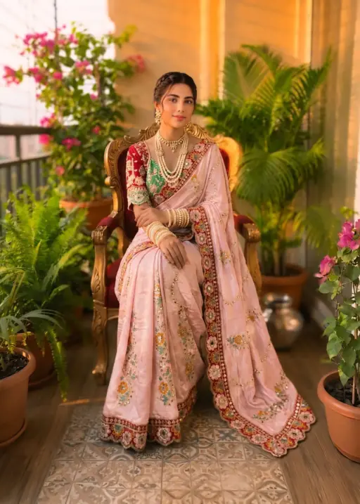 Pink Wedding Saree with Multi Color Embroidery Readymade Blouse in soft rangoli silk with mirror and sequence work