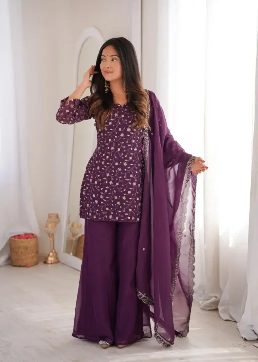 Purple Ladies Bell Bottom Pattern Embroidery Suit with Dupatta for Women