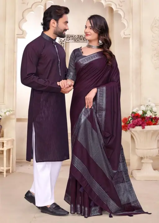 Purple Linen Couple Combo unstitched saree with kurta set matching ethnic wear for couples